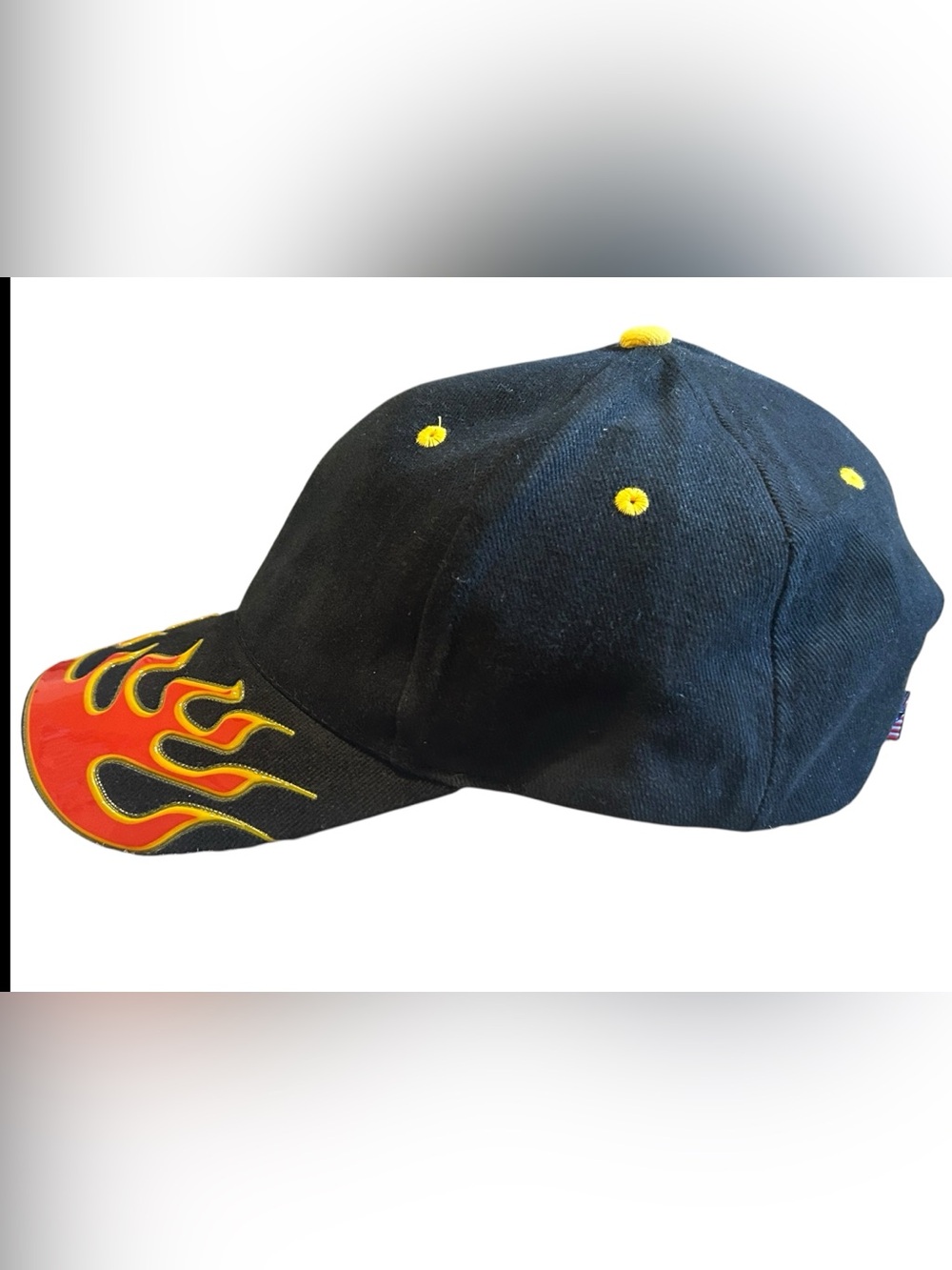Black Cap with Red and Yellow Flame Visor - Men's Baseball Hat - Picture 8 of 12